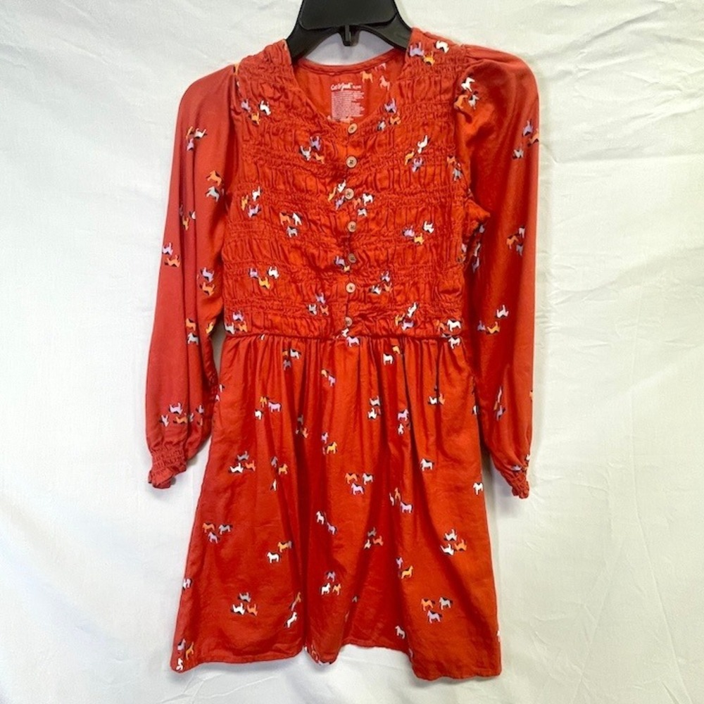 Cat & Jack‎ Rust Orange Smocked Horse Pony Long Sleeved Girl's Dress XL 14